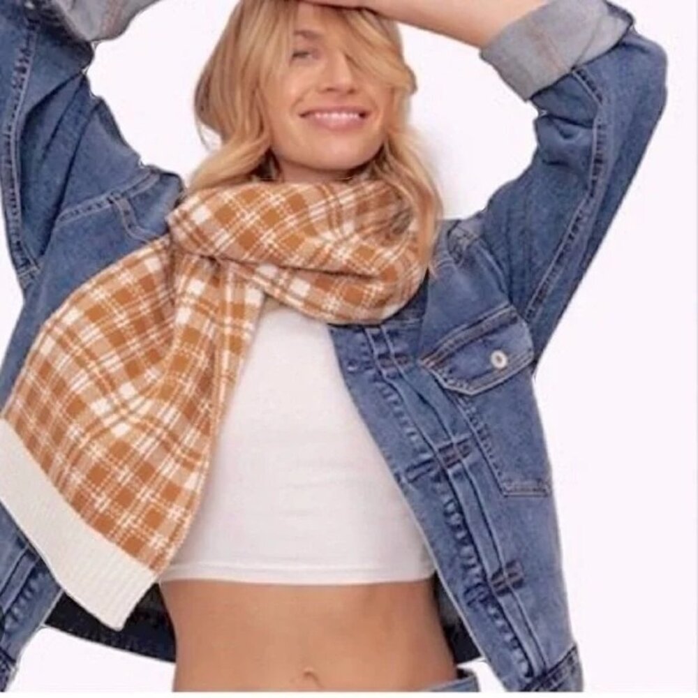 Timberland Buffalo Plaid Acrylic Knit Scarf Mustard & Cream - 68" x 10.5" - NWT